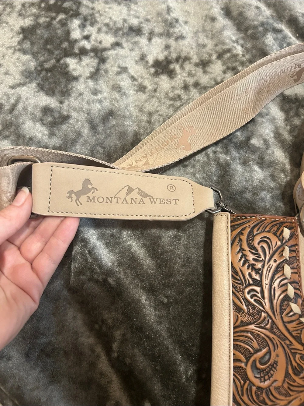 Montana West Beige Satchel with Tooled Brown Panels and Turquoise Conchos